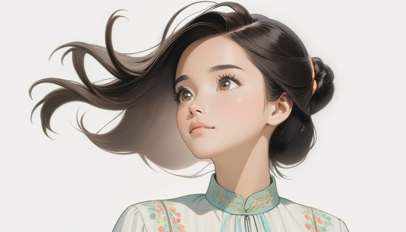 A 25-year-old Malaysian woman with dark hair looks up. White background, hair tied above the neck. Colored pencil drawing. white blouse.