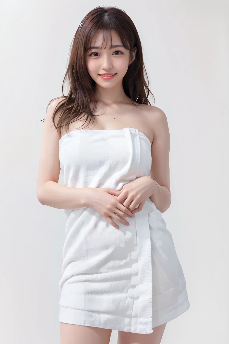 (Highest quality、Tabletop、8K、Best image quality、Award-winning works)、One beautiful woman、(Naked with a bath towel wrapped around her:1.3)、(The simplest pure white background:1.8)、(Damp Hair:1.1)、(Sweaty, damp skin:1.1)、Brightly lit face、Hot face、Very bright、Ultra-high definition cute face、Ultra high resolution perfect beautiful teeth、Ultra HD Hair、Ultra-high definition moist, shiny skin、Super high quality glossy lips、(Accurate anatomy:1.1)、(Big Breasts:1.1)、(Big cleavage:1.1)、Slender body、(Accentuate your body lines:1.1)、(Accurate anatomy:1.2)、(Perfect beautiful bath towels:1.3)、Staring at me