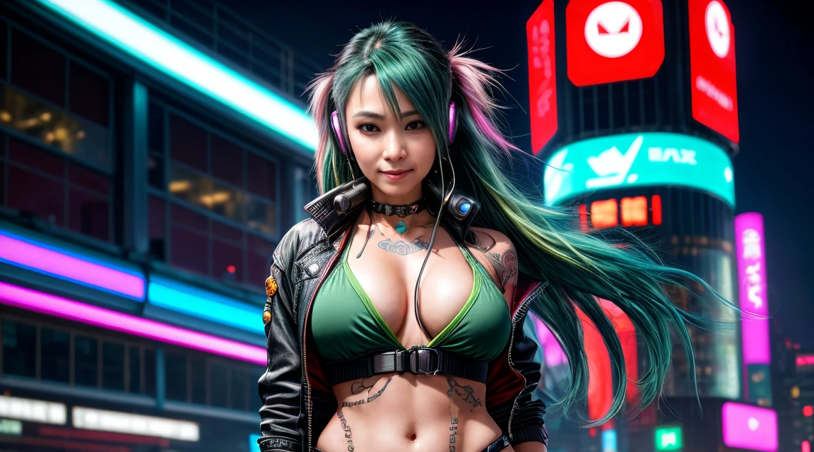 face of a sexy girl, earphone, Open Belly Button, leather outfit, beautiful japanese face, cerulean & long green hair in the wind, great smile, multicolored lights, Contexto Cyberpunk City, at night, half of the body, 8k photorealistic studio mannequin, (large breasted:1,9), body tattoo,