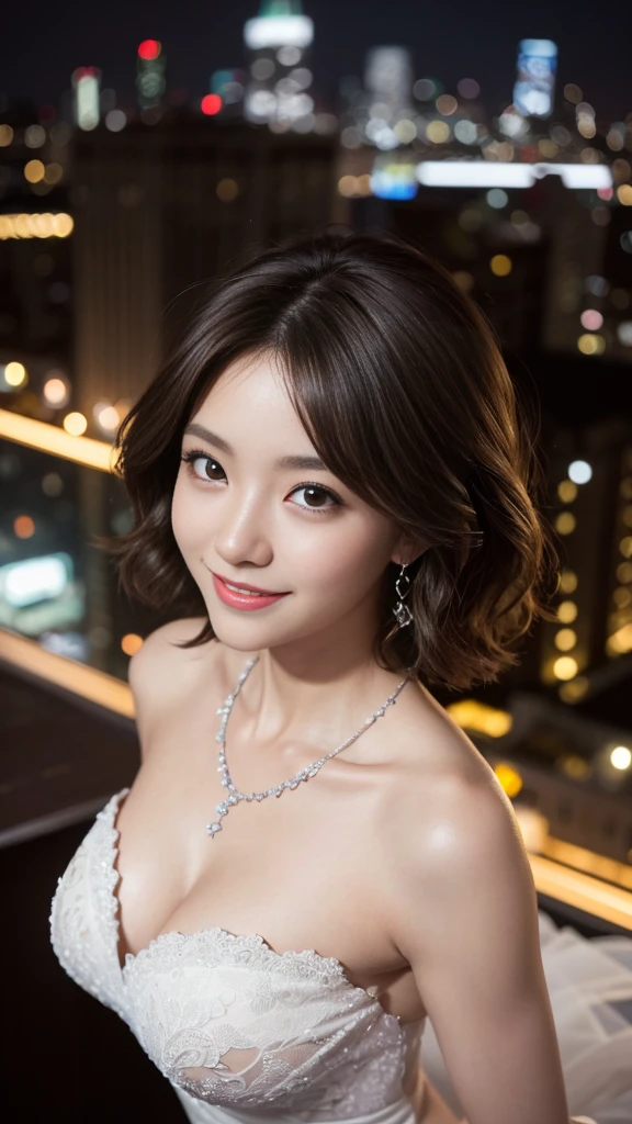 (Highest quality、8K、32k、masterpiece:1.2)、Cute Japanese women photo edium breasts、(Wolf Cut)、(semi-long dark brown hair),Full Body Shot、Surface Focus、((White Wedding Dress))、necklace、From above、Looking at the audience, I see a very delicate face., Skin and Hair,Muscular,thin,High Style,High resolution、Urban Background、Kind eyes、((Dynamic Shadows))((New York night view、Blur the background、))、smile、short hair、Curly Hair、Tabletop、Close-up of face、