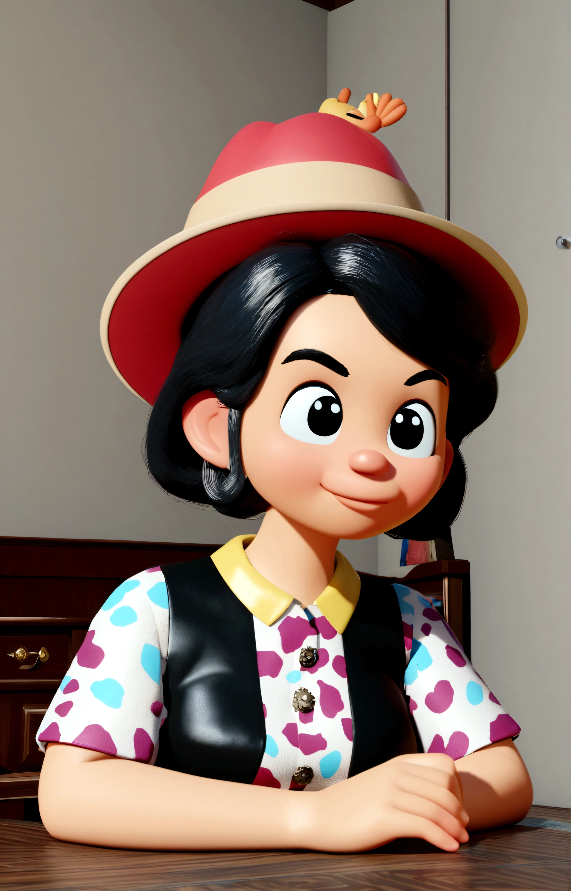 Change photo background to a rich woman's room, put a 1980s hat in your hair, Disney Pixar 3D style