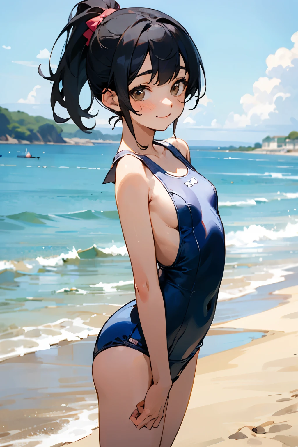 NSFW、In the best quality、Teenage girl standing on a sandy beach。In high resolution、Beautiful details、Quiet atmosphere。Black hair ponytail、Cute Smile.。Small breasts、Cute School Swimsuit。