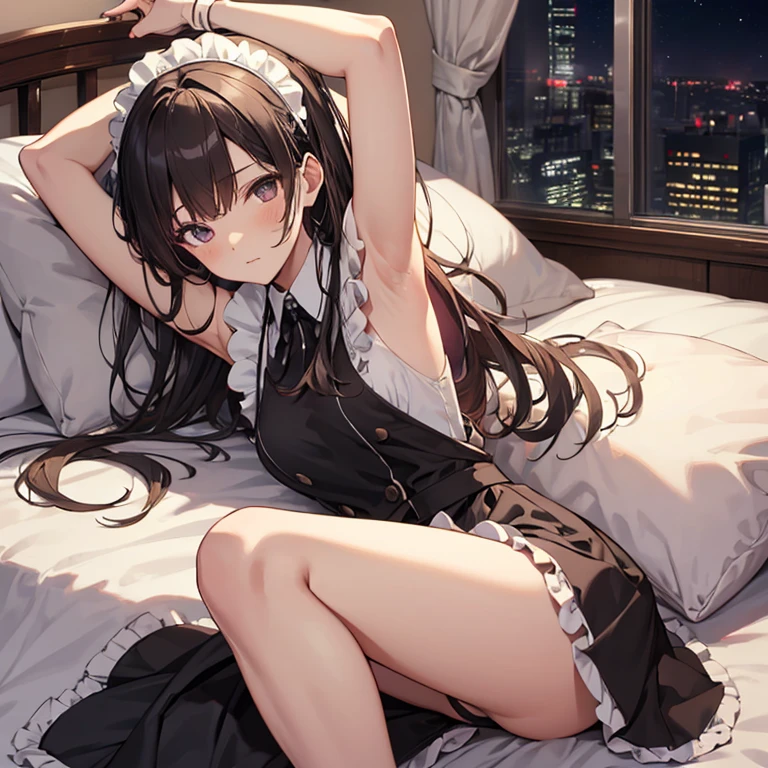 A maid, (in bedroom), various hair styles, night, details face, short skirt, seducing, sleeveless, maid uniform, armpits, laying on bed