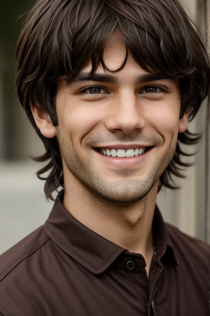 A boy with. dark brown hair, with a nice smile, dreamy eyes, strong, who was in the band, with fringe on the right