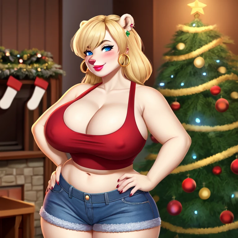 Blonde polar bear woman, wearing a Christmas crop top and jean shorts, perfect face, blue eyes, , cleavage, three-quarter view, solo, smile, perfect detailed body, pink lipstick, gold earring, hand on , blushing