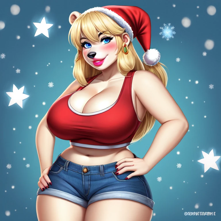 Blonde polar bear woman, wearing a Christmas crop top and jean shorts, perfect face, blue eyes, big breasts, cleavage, three-quarter view, solo, smile, perfect detailed body, pink lipstick, gold earring, hand on hips, blushing