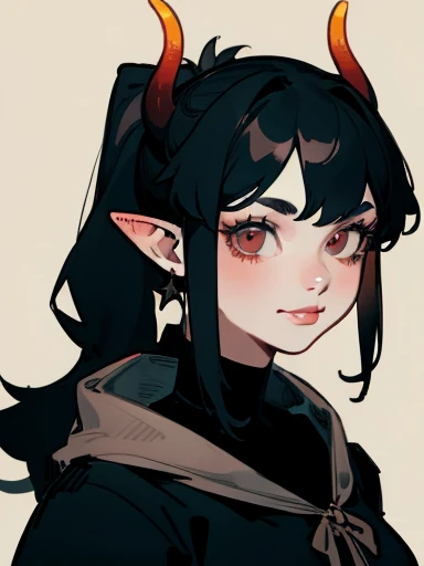 1 girl ,20s,mature woman,gaping mouth,ssmile,Bblack hair,((high ponytail)),long hair,Eyes red,pointy ears,antlers,facing the front,portraite