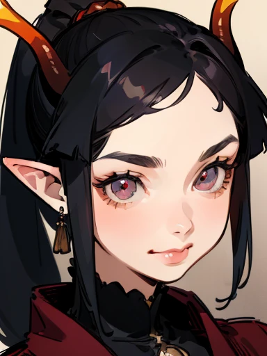 1 girl ,20s,mature woman,gaping mouth,ssmile,Bblack hair,((high ponytail)),long hair,Eyes red,pointy ears,antlers,facing the front,portraite