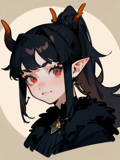 1 girl ,20s,mature woman,gaping mouth,ssmile,Bblack hair,((high ponytail)),long hair,Eyes red,pointy ears,antlers,facing the front,portraite