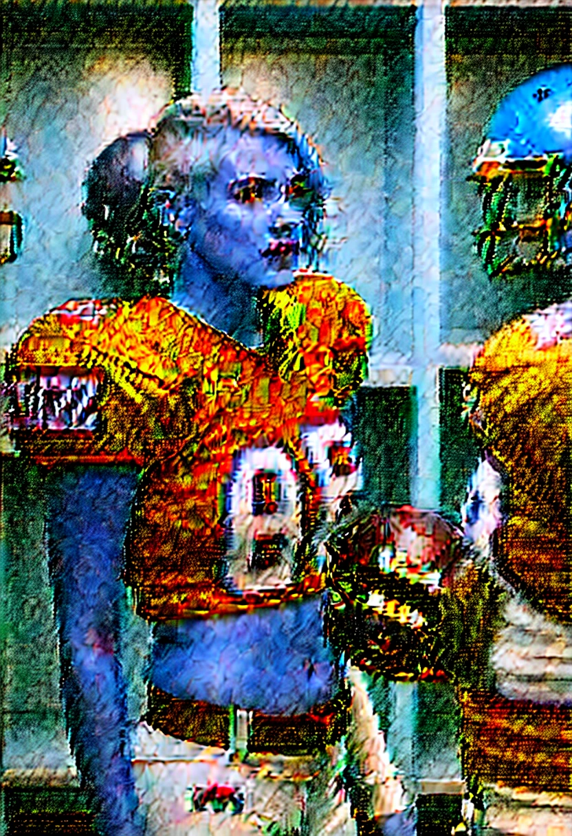 Very attractive blonde female American football player with a buzz cut wearing full pads and no helmet talking to her teammates in the locker room