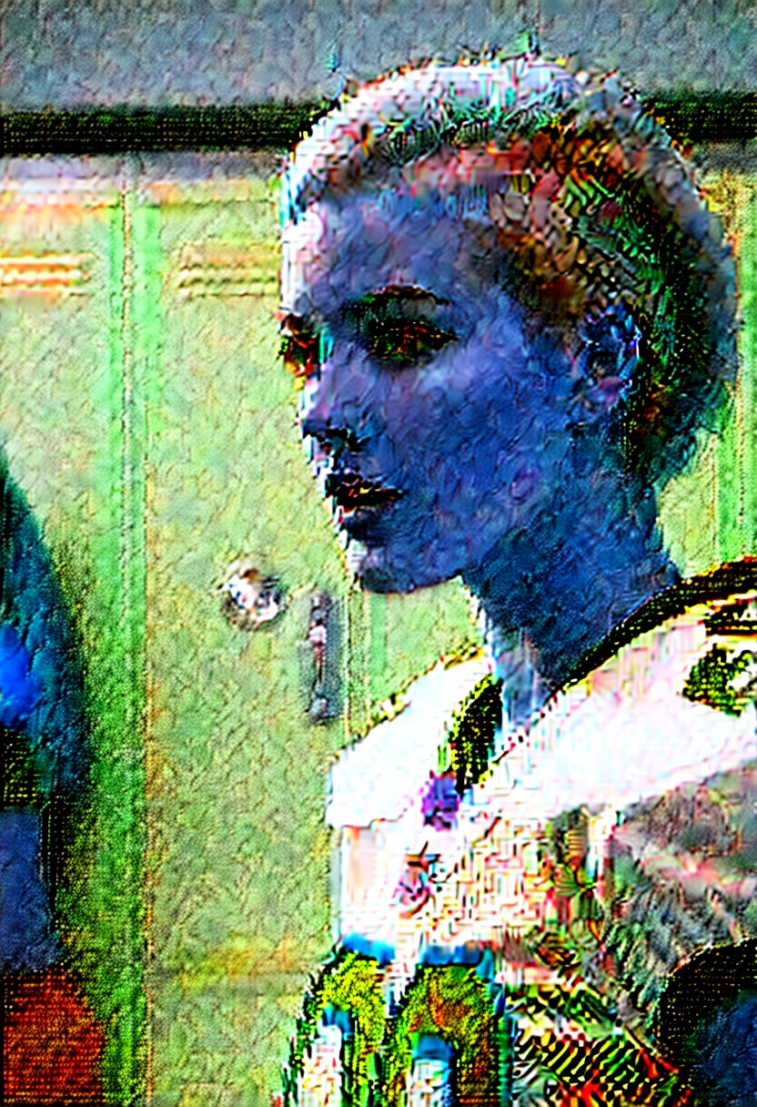 Very attractive blonde female American football player with a buzz cut wearing full pads and no helmet talking to her teammates in the locker room