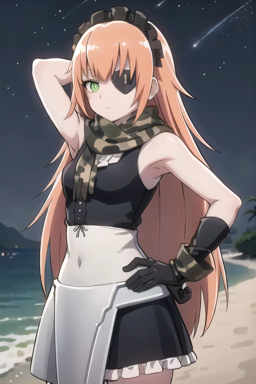 cz2128 delta, (Masterpiece, Best Quality, Highres:1.4), Detailed, Intricate Details, 4K,
 green eyes, eyepatch, maid maid headress, 1girl, armor, camouflage, scarf, gloves,
pov, from side, high quality, solo, 1girl, night sky, beach, arm behind head, hand on hip, (contrapposto), closed mouth, spread armpits, (cowboy shot:1.5), looking at viewer, expressionless, best quality,@
 