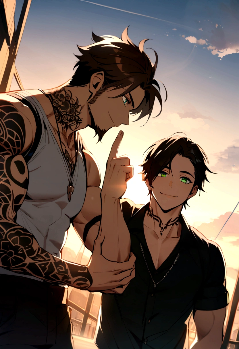 handsome attractive brown haired boy, with green eyes, a little beard, beautiful smile, with tattoos on the neck and hand. Strong build. with his girlfriend, pretty girl with straight black hair, with green eyes.