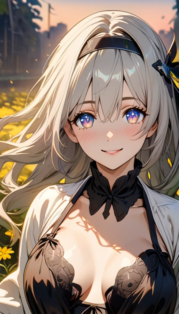 beautiful girl, long grey hair, beautiful face,smiling,close up to hips, beautiful breast, in the middle of flowers field, (open mouth:0.4),illustration,detailed textures(realists),ultra-detailed,portrait style,vivid colors,soft lighting, blushing, mature, hair fluttering, evening light , head band, half body, looking at viewer, cleavages, wearing beautiful night sleepwear, intricate black bra, profile view