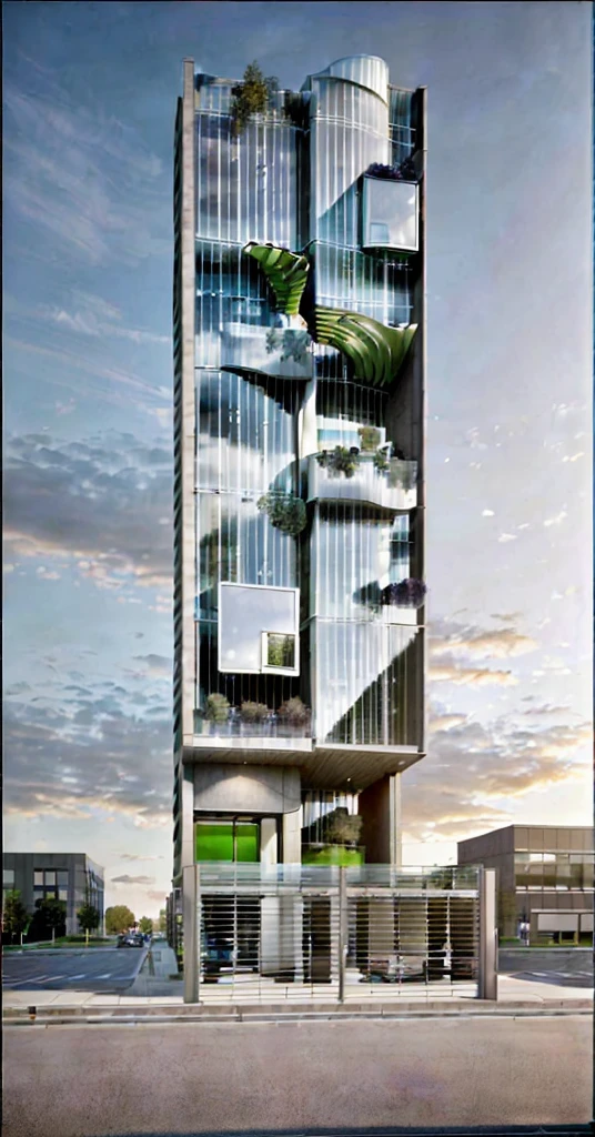 Rendering of Office building, realistic photo, curved concrete, night rendering, ceiling light system,Design a detailed exterior perspective rendering of a modern office building. The building should have a sleek, contemporary design with clean lines and a sophisticated appearance. The facade should primarily feature glass, allowing for plenty of natural light to illuminate the interior spaces, Incorporate high-quality materials such as steel, concrete, and glass to give the building a sense of durability and elegance. The entrance should be grand, with a large, welcoming canopy and automatic sliding doors. Surrounding the building, include landscaped green areas with trees, shrubs, and benches to create a welcoming environment for employees and visitors, Incorporate sustainable elements such as green walls, solar panels on the roof, and energy-efficient lighting. Ensure the building has multiple stories with a mixture of office spaces, conference rooms, and open areas visible through the windows, The overall environment should feel vibrant and dynamic, with people walking in and out, some seated in the outdoor areas, and a few cars and bicycles in designated parking spaces. The sky should be clear with a few clouds, and the overall atmosphere should be that of a bustling, modern workspace.