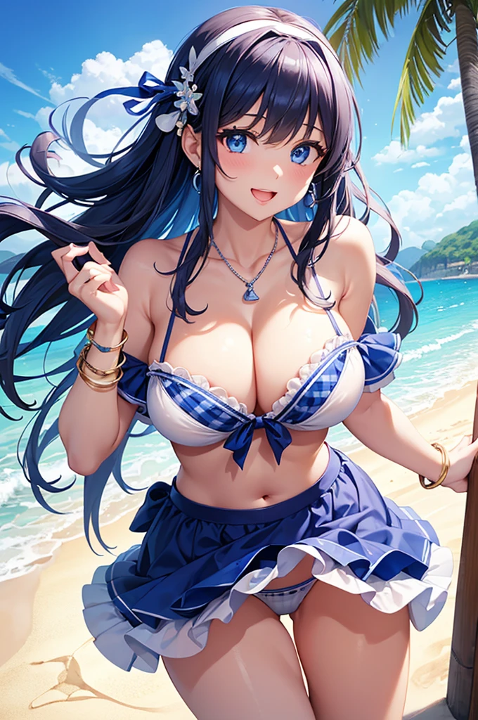 Highest quality、Highest quality、masterpiece、(8K),Beauty(Age 25)、Navy blue long hair、blue eyes、Sexy white bikini with large gingham check、Big cleavage、(Big Breasts)、smile、blue necklace、Blue Earrings、background(Beach)、Please open your mouth wide、White headband、bracelet、Dynamic pose