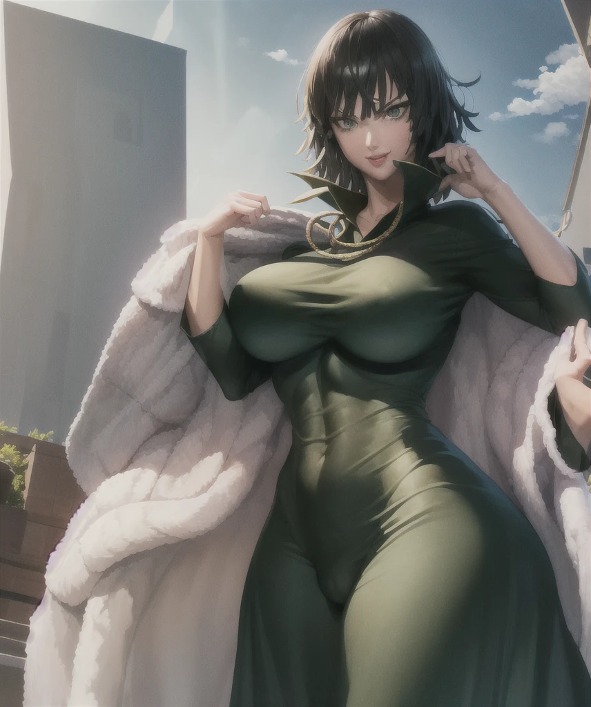 Fubuki, (green fur), [black fur], (Perfect eyes:1.3),green eyes, dress, long sleeves, jewelry, collar, green dress, (fur shelter:1.2), taut dress, tight clothing, Covered navel, shelter (realist:1.5), (venusbody), (giant breasts:1.4), (Wide hips:1.3), (thick thighs:1.4), (((Best Quality)), ((Masterpiece)), (mature woman), photorealist, photorealist face, cinematic light, (cutaneous denture:1), beautiful, female, (Perfect face:1.1), (Perfect eyes, detailed eyes), perfect hands, curves:1.5, narrow waist:1.2, large eyes), (1 girl:1.4, Alone, enfocarse Alone, ((sfw:1.3)), looking at the viewer, dynamic pose,  smile), City, Cityscape, horizon,