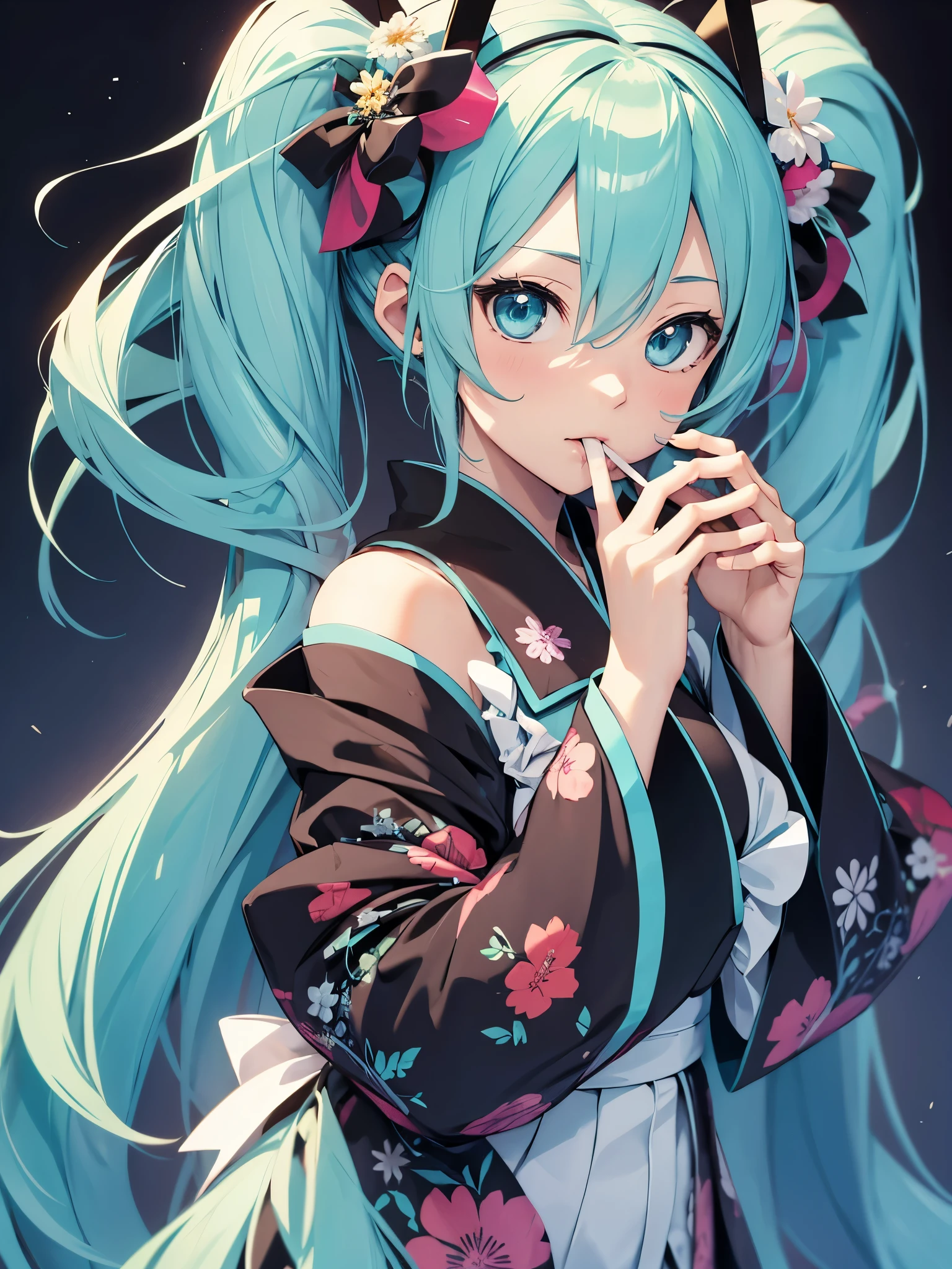 Hatsune miku, kimono, sucking fingers