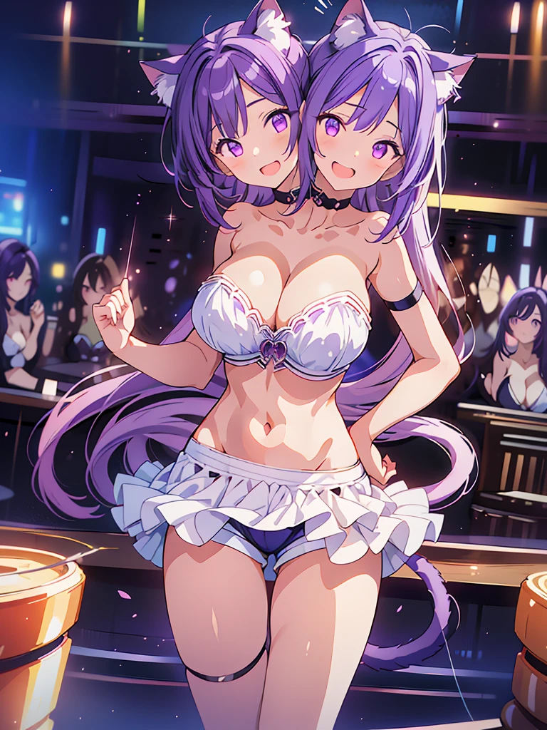 (masterpiece, best quality), best resolution, (3heads:1.5), 1girl, clear face, mature, catgirl, purple hair, cat ears, purple eyes, open mouth, smiling, giggling, one hand on hip, friendly, inviting, white tube top, blue short pants, nightclub dance floor, huge tits, 