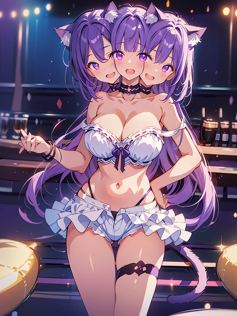 (masterpiece, best quality), best resolution, (3heads:1.5), 1girl, clear face, mature, catgirl, purple hair, cat ears, purple eyes, open mouth, smiling, giggling, one hand on hip, friendly, inviting, white tube top, blue short pants, nightclub dance floor, huge tits, 