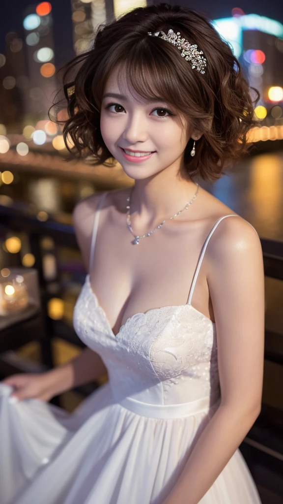 (Highest quality、8K、32k、masterpiece:1.2)、Cute Japanese women photo edium breasts、(Wolf Cut)、(semi-long dark brown hair),Full Body Shot、Surface Focus、((White Wedding Dress))、necklace、From above、Looking at the audience, I see a very delicate face., Skin and Hair,Muscular,thin,High Style,High resolution、Urban Background、Kind eyes、((Dynamic Shadows))((New York night view、Blur the background、))、smile、short hair、Curly Hair、Tabletop、Close-up of face、