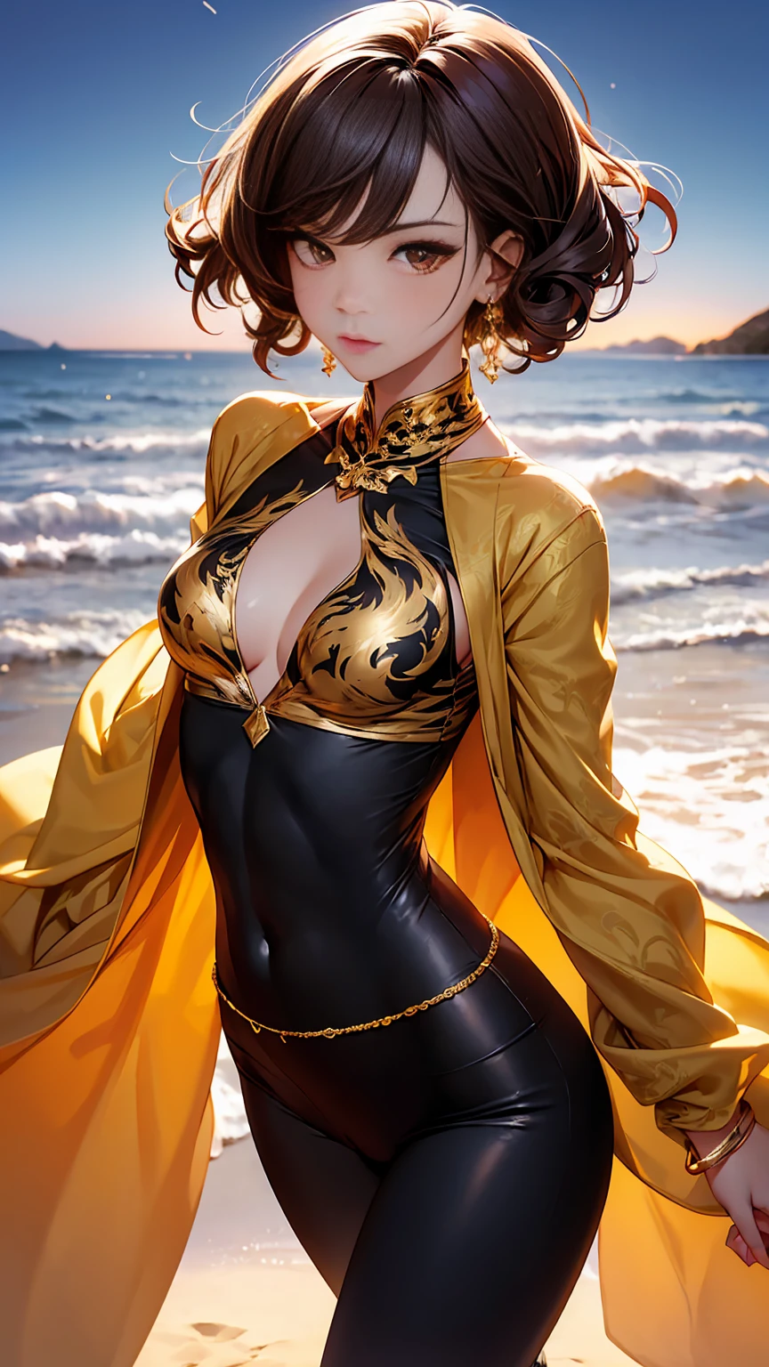 Beautiful woman with mid curly brown hair with brown eyes wearing an Black Tight Leggings With Golden Dragon Prints, a Royal Blue Sexy Criss Cross Mock Neck Mid Sleeves Blouse With Phoenix Prints, luxurious jewelry and a luxurious necklace, 18k gold wedding ring on left hand, standing in a beach at night of full moon, (caucasian skin), (light brown lipstick), (elegant mascara), (slim body with abs), (small breasts), (wide hips), midjourney, <lora:GoodHands-, <lora:GoodLegs-, UHD, high resolution, (masterpiece:1.1, best quality), (expressive eyes, perfect face, full body, expressive face, perfect body, perfect pussy, athletic, fit, slim body, blushing, Perfect makeup, eyeliner, beautiful eyelashes, smiling, horny face), ((best illumination, best shadows)), ((fight pose))