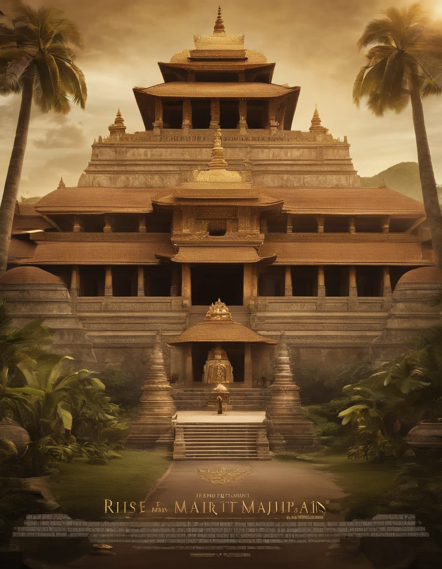 The film poster about Majapahit displays:
- **Image of the magnificent Majapahit Palace** with typical Javanese architecture, complete with meru roofs and complicated ornaments.
- **King Hayam Wuruk** sits on the throne in luxurious royal clothing and sparkling gold jewelry.
- **Nobles and priests** stood around, also in traditional clothes and jewelry that showed their status.
- **Backgrounds** may feature beautiful natural views of Indonesia, such as volcanoes, tropical forests, or rice terraces.
- The title of the film "Rise of Majapahit" is in **Javanese script** or a font inspired by Javanese calligraphy art.
The poster may also contain artistic elements such as batik motifs or temple reliefs to add historical and cultural nuances.