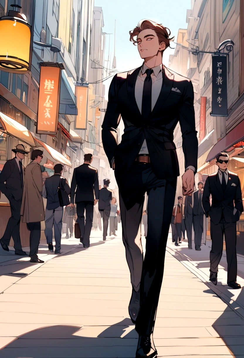 A stylish and sophisticated brown-haired man confidently strolling through a busy city in a stylish black suit.