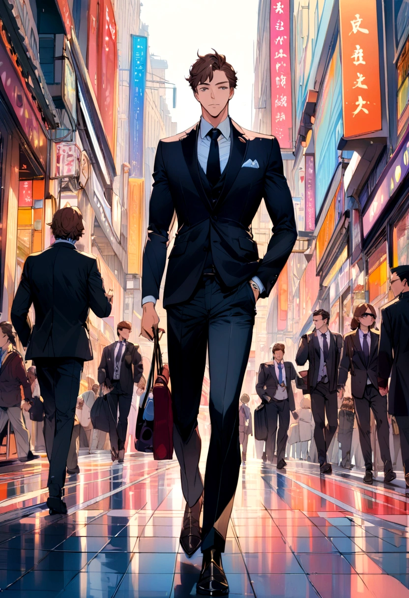 A stylish and sophisticated brown-haired man confidently strolling through a busy city in a stylish black suit.