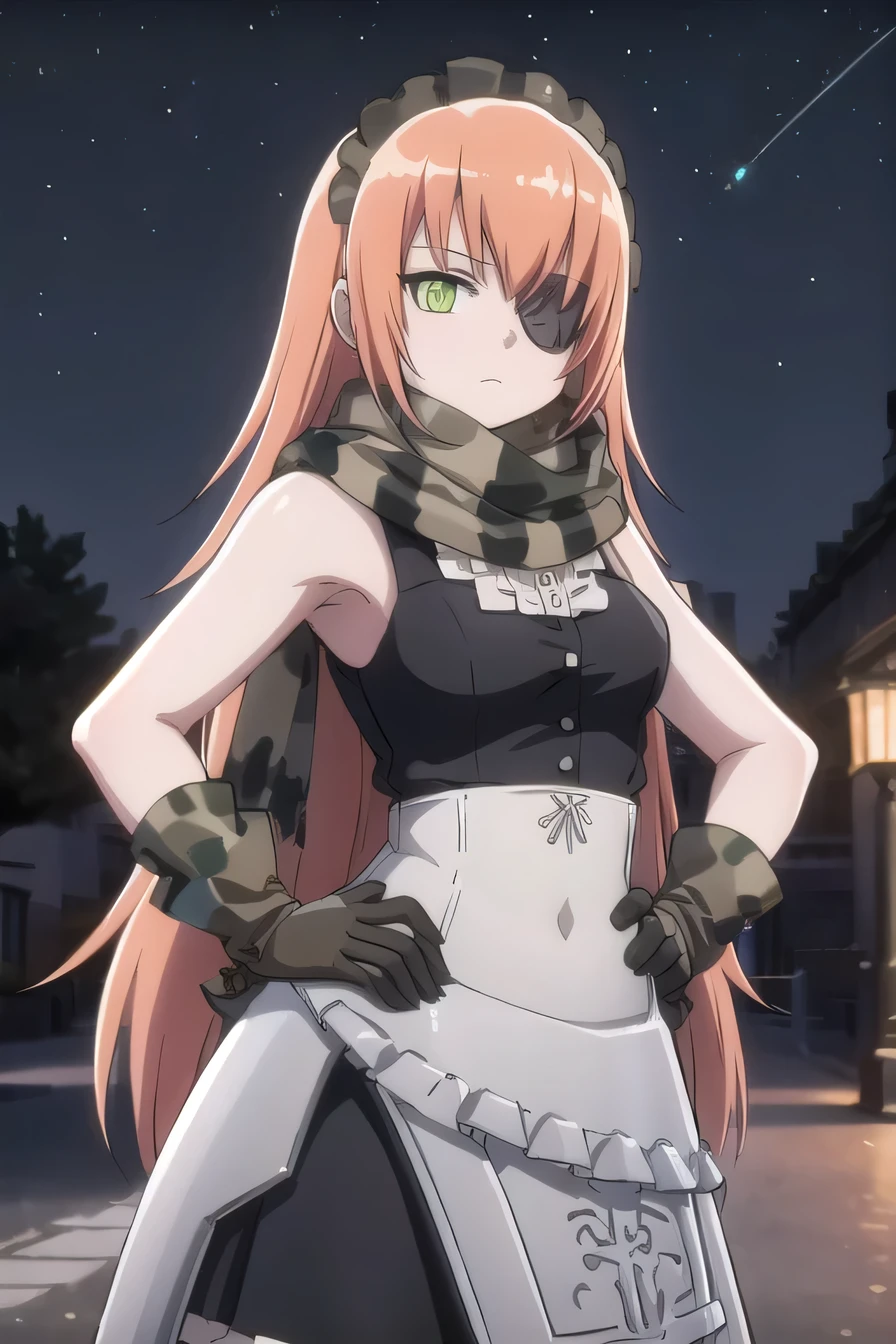 cz2128 delta, (Masterpiece, Best Quality, Highres:1.4), Detailed, Intricate Details, 4K,
green eyes, eyepatch, maid maid headress, 1girl, armor, camouflage, scarf, gloves,
pov, from side, high quality, solo, 1girl, night sky, beach, arm behind head, hand on hip, (contrapposto), closed mouth, spread armpits, (cowboy shot:1.5), looking at viewer, expressionless, best quality,@
