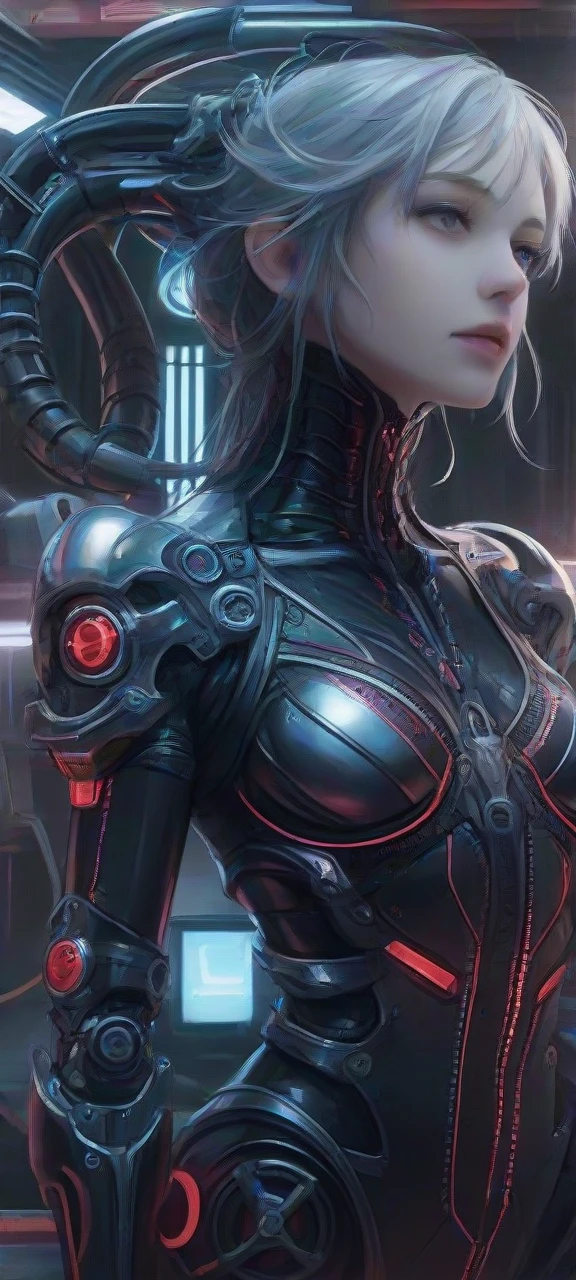 (from the front:1.5), (1. Machine Girl:1.5),whole body, alone, Slim waist, Thick thighs, (Machine made joints:1.2),(Mechanical limbs:1.1),(Blood vessels connected to tubes),(Mechanical vertebrae attached to the back),(Cervical vertebrae mechanically attached to the neck), Armor Light, Mecha Head Glasses, (Luminous Arms:1.5), (laser eyes:1.5), Expressionless, Huge breasts, gray long hairstyle,
colorful,High resolution, Ray Tracing, NVIDIA, Super Resolution, Unreal 5, Scattered beneath the surface, PBR Texturing, Post-processing, Anisotropic Filtering, Depth of written boundary, Maximum clarity and sharpness, Three-part method, 16k raw, (Luminous Particles:1.4), Very detailedCG, unity 8k wallpaper, 3D, Cinematic Lighting, Lens flare, reflection, Sharp focus, Cyberpunk art, Realistic, highly detailed CG figure, Very delicate and beautiful, Cinematic Light, (photoRealistic:1.5), (Dark Background:1.5),Dynamic Angle, masterpiece, highest quality, Super detailed, figure, Detailed light, dramatic_Shadow,face Shadow,Very detailed,Top performance,
