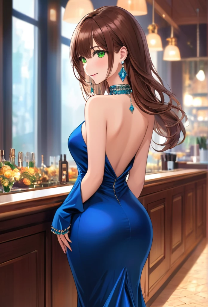 1girl, solo, long hair, breasts, looking at viewer, smile, bangs, brown hair, dress, jewelry, medium breasts, closed mouth, green eyes, standing, earrings, choker, shiny, looking back, indoors, from behind, shiny hair, english text, lips, parted bangs, makeup, blue dress, backless dress