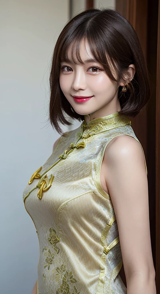 Body Portrait, 8k, Narrow and beautiful eyes, Dindal effect, masterpiece, 最high quality, high quality, High resolution, Highly detailed photos, (Natural skin texture, Fine skin, Hyperrealism, Ultra Sharpness), Skin with attention to detail, (Very fine, Fine skin texture, Intricate details, Beautiful Face, (Realistic Face), Realistic eyes, Beautiful and detailed eyes, Realistic Skin, Beautiful Skin, Surreal, Highly detailed golden ratio, Smiling Eyes, Body Portrait, G-Cup, Big Breasts, Huge breasts, Big Breasts, glamorous, ((Cheongsam:1.4)),