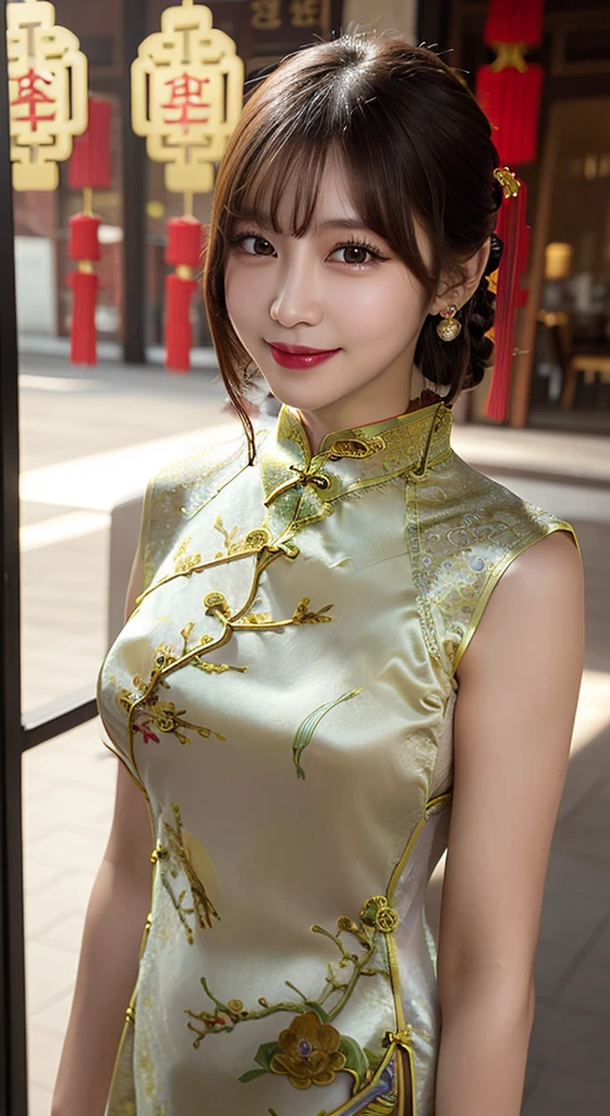 Body Portrait, 8k, Narrow and beautiful eyes, Dindal effect, masterpiece, 最high quality, high quality, High resolution, Highly detailed photos, (Natural skin texture, Fine skin, Hyperrealism, Ultra Sharpness), Skin with attention to detail, (Very fine, Fine skin texture, Intricate details, Beautiful Face, (Realistic Face), Realistic eyes, Beautiful and detailed eyes, Realistic Skin, Beautiful Skin, Surreal, Highly detailed golden ratio, Smiling Eyes, Body Portrait, G-Cup, Big Breasts, Huge breasts, Big Breasts, glamorous, ((Cheongsam:1.4)),