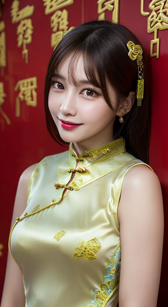 Body Portrait, 8k, Narrow and beautiful eyes, Dindal effect, masterpiece, 最high quality, high quality, High resolution, Highly detailed photos, (Natural skin texture, Fine skin, Hyperrealism, Ultra Sharpness), Skin with attention to detail, (Very fine, Fine skin texture, Intricate details, Beautiful Face, (Realistic Face), Realistic eyes, Beautiful and detailed eyes, Realistic Skin, Beautiful Skin, Surreal, Highly detailed golden ratio, Smiling Eyes, Body Portrait, G-Cup, Big Breasts, Huge breasts, Big Breasts, glamorous, ((Cheongsam:1.4)),