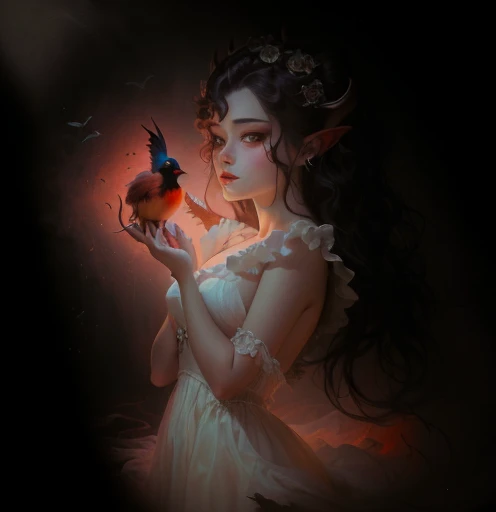 painting of a woman holding a bird in her hand, greek myth digital painting, inspired by Leonor Fini, infernal nymph, lilith, succubus, inspired by Jeffrey Catherine Jones, brittney lee, inspired by Gustaf Tenggren, infernal nymph!!!, demoness, succubus in sundress portrait, inspired by Takato Yamamoto