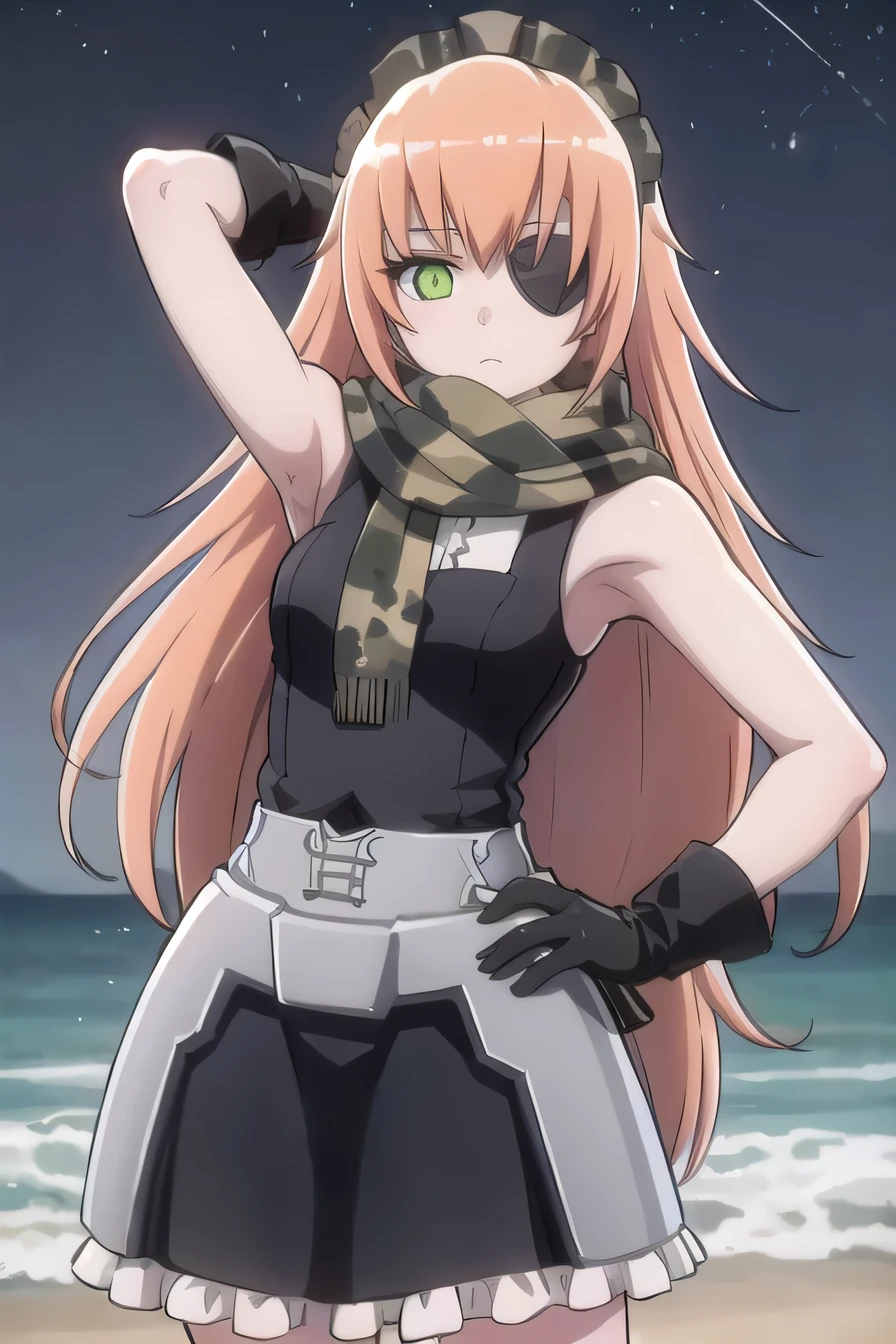 cz2128 delta, (Masterpiece, Best Quality, Highres:1.4), Detailed, Intricate Details, 4K,
 green eyes, eyepatch, maid maid headress, 1girl, armor, camouflage, scarf, gloves,
pov, from side, high quality, solo, 1girl, night sky, beach, arm behind head, hand on hip, (contrapposto), closed mouth, spread armpits, (cowboy shot:1.5), looking at viewer, expressionless, best quality,@
 