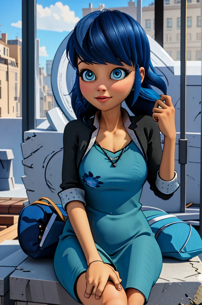 (8k, RAW photo, best quality, masterpiece:1.2), (intricate details), perfect eyes, perfect face, perfect lighting, beautiful, (masterpiece:1.2), (best quality:1.2), 1girl, solo, Marinette, blue hair, ((long loosen hair)), adult torso, 17 years old, slight smile, huge sized breasts, ( blue dress), cowboy shot, 3DMM, seated, front view