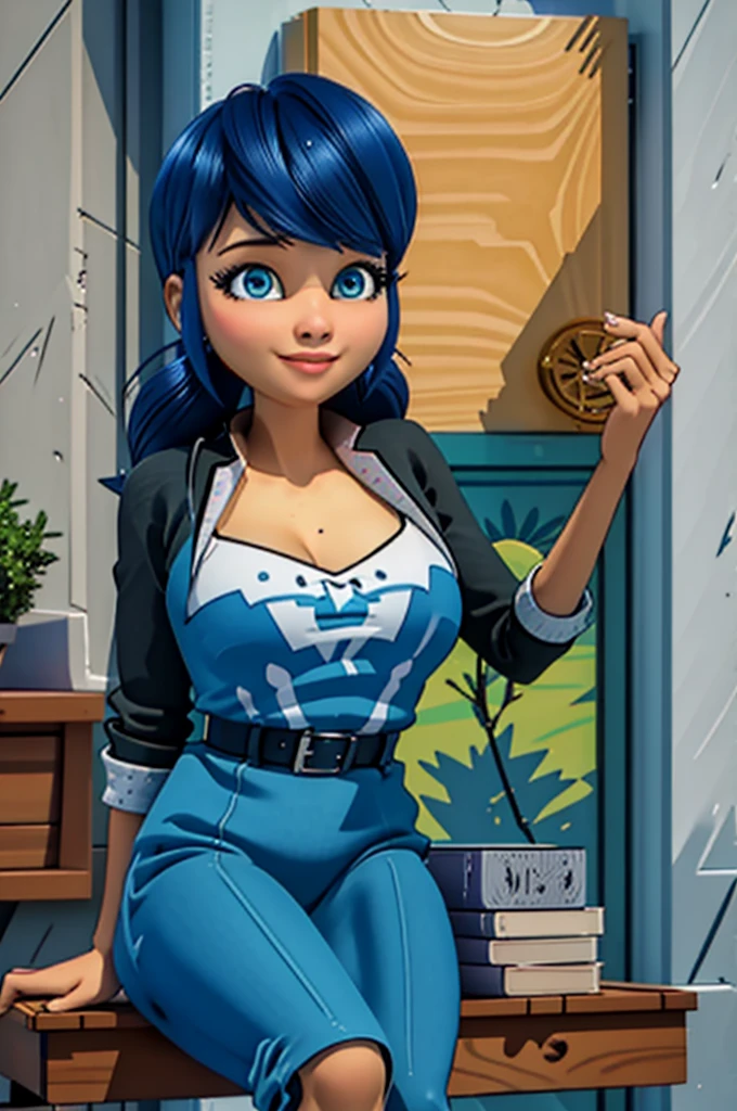 (8k, RAW photo, best quality, masterpiece:1.2), (intricate details), perfect eyes, perfect face, perfect lighting, beautiful, (masterpiece:1.2), (best quality:1.2), 1girl, solo, Marinette, blue hair, ((long loosen hair)), adult torso, ************, slight smile, huge sized breasts, ( blue dress), cowboy shot, 3DMM, seated, front view