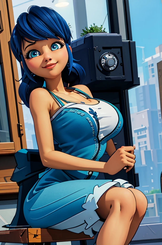 (8k, RAW photo, best quality, masterpiece:1.2), (intricate details), perfect eyes, perfect face, perfect lighting, beautiful, (masterpiece:1.2), (best quality:1.2), 1girl, solo, Marinette, blue hair, ((long loosen hair)), adult torso, ************, slight smile, huge sized breasts, ( blue dress), cowboy shot, 3DMM, seated, front view