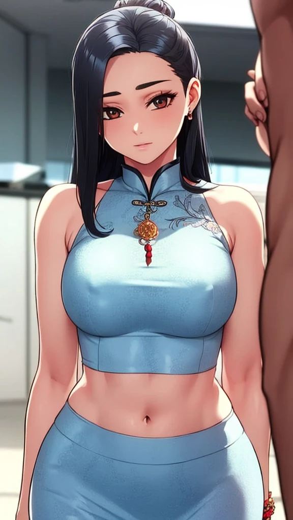 1girl, solo, jewelry, hair ornament, long hair, necklace, chinese clothes, navel, skirt, blurry background, bare shoulders, brown hair, looking at viewer, blurry, midriff, black hair, hair bun