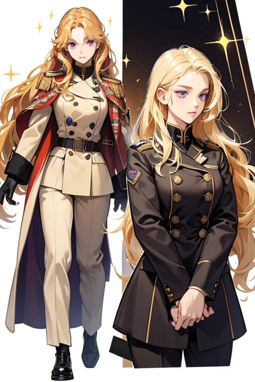 HER hair is wavy and depicted at times as being two-toned: A lighter blond on top, with more of an orange or darker blond shade on the bottom and tips. SHe has violet eyes, SHE wears a heavy tan winter coat and pants as hER military uniform SPARKLE; GLITTER