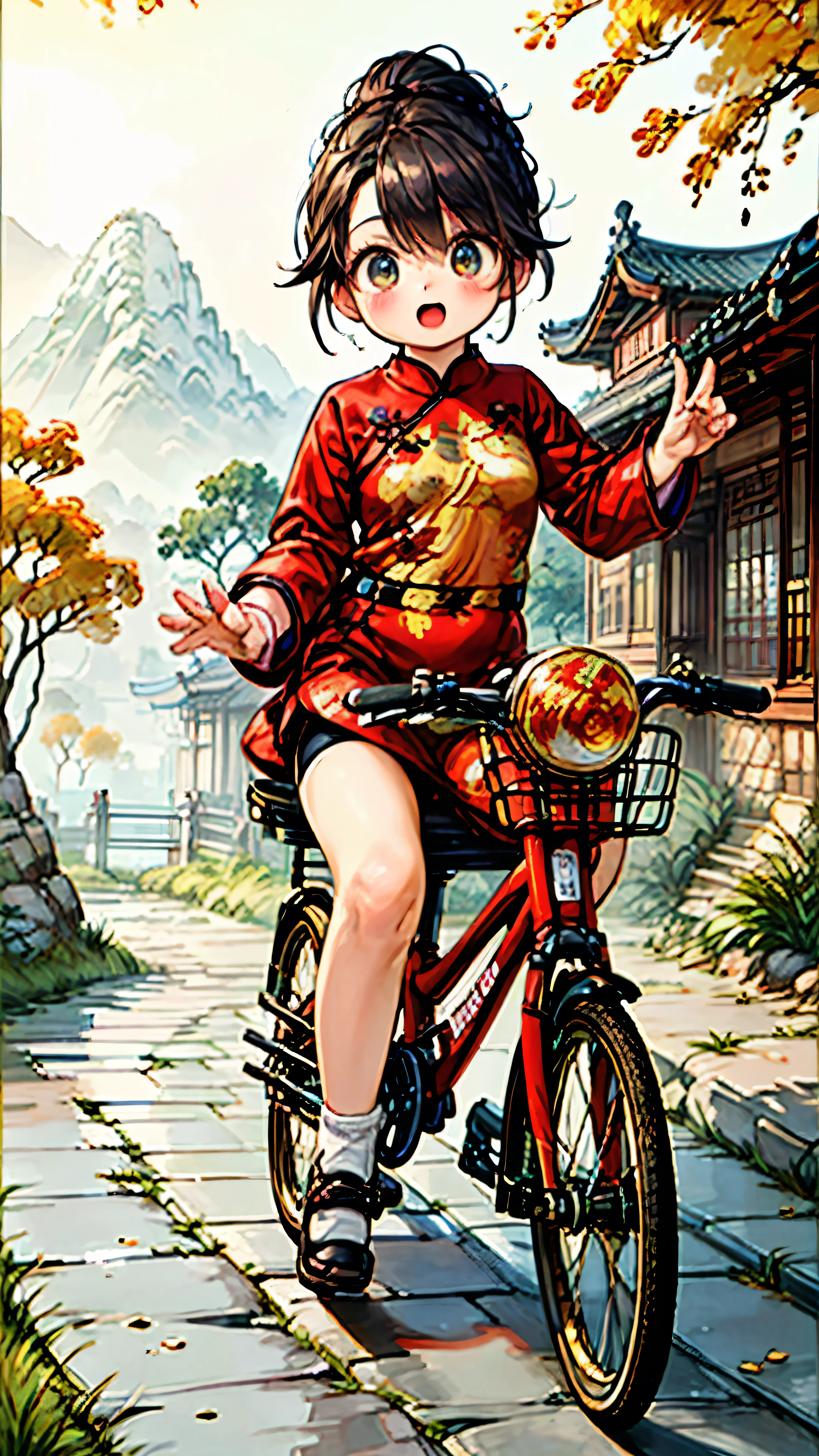 1female\(cute,kawaii,,hair floating,hair color dark brown,hair\(braid twin bun,chinese style\),eye color dark brown,big eyes,(cute classical Fashion cheongsam:1.5),breast,riding a (bicycle\(old,classic,chinese bicycle\):1.3),dynamic angle,long shot,(full body:1.3),\),background\(outside,chinese countryside,crowdy main street, gravel road,chinese people\(walking, classic fashion \),csal_scenery,Xihu\),(long shot:1.5),(wide shot),landscape, BREAK ,quality\(8k,wallpaper of extremely detailed CG unit, ​masterpiece,hight resolution,top-quality,top-quality real texture skin,hyper realisitic,increase the resolution,RAW photos,best qualtiy,highly detailed,the wallpaper,cinematic lighting,ray trace,golden ratio\)
