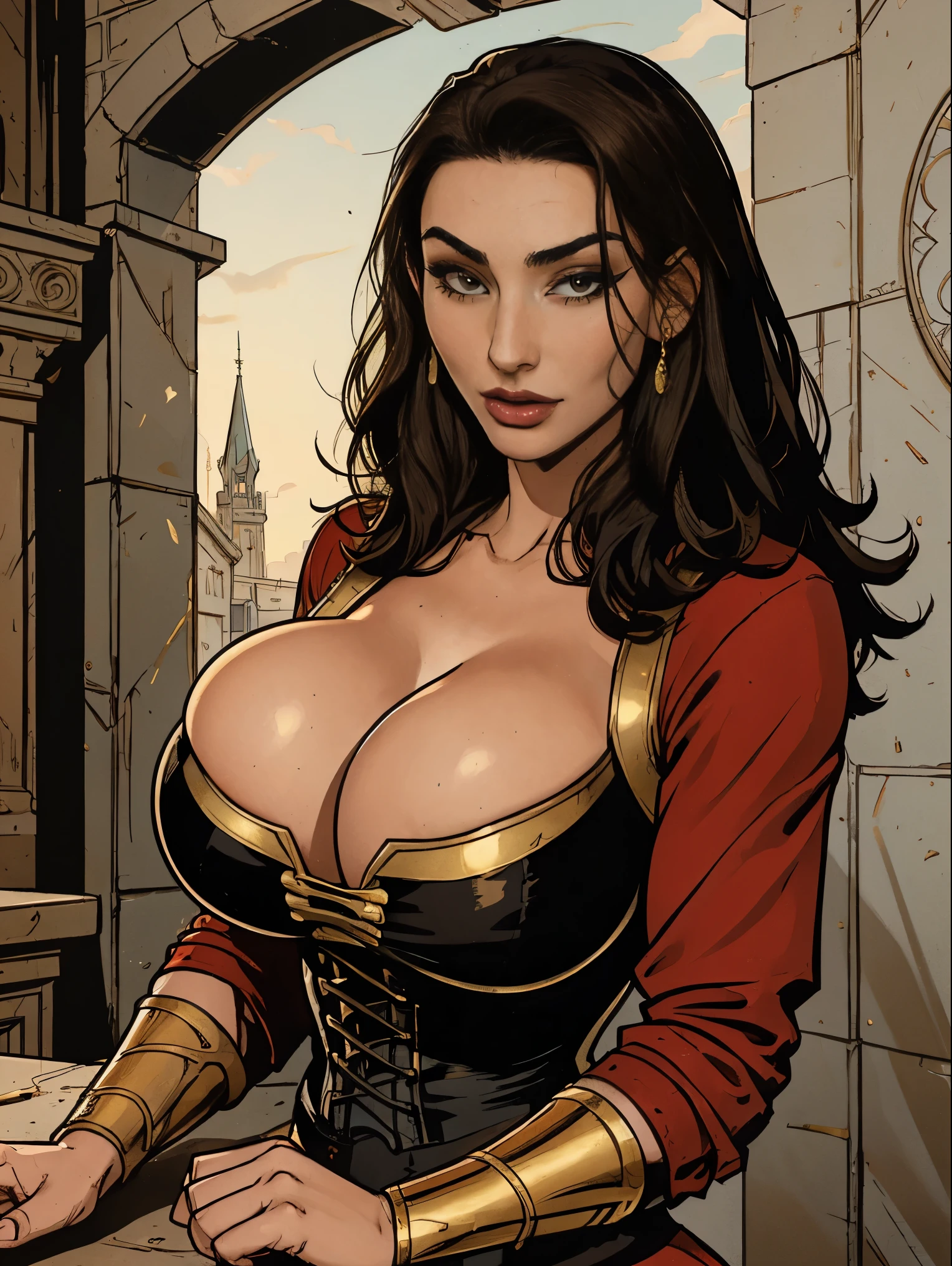 Gorgeous and sultry  athletic (thin) brunette with sharp facial features and (huge boobsring a red and black dress, long sleeves, bracers, corset, gold trim, sorceress attire.  Castle courtyard.