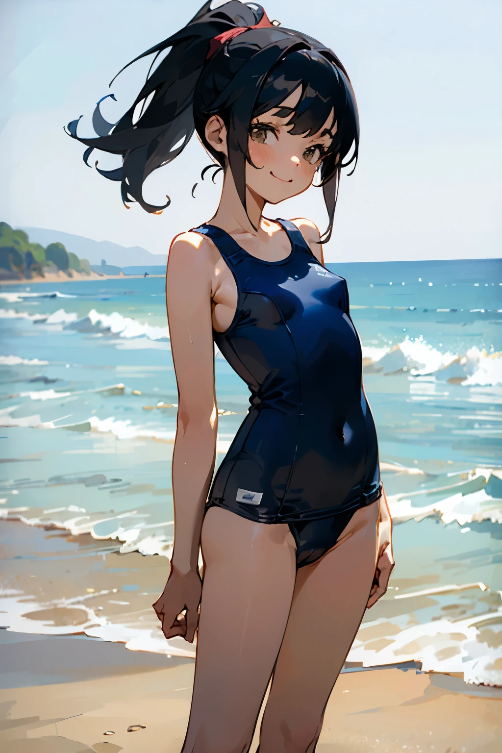 NSFW、In the best quality、Teenage girl standing on a sandy beach。In high resolution、Beautiful details、Quiet atmosphere。Black hair ponytail、Cute Smile.。Small breasts、Cute School Swimsuit。