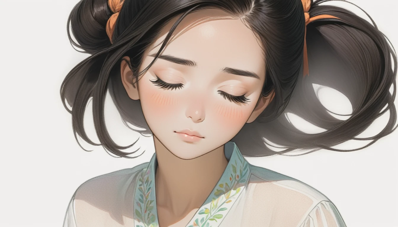 A 25-year-old Malaysian woman with dark hair closes her eyes. White background, hair tied above the neck. Colored pencil drawing. white blouse.