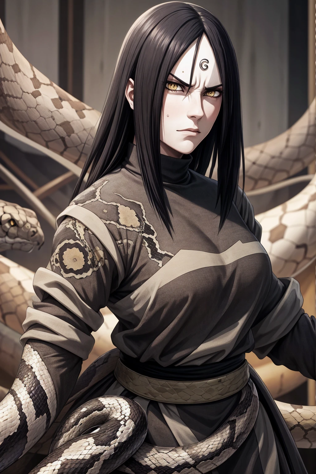 {-erro_de_anatomia:1.0} estilo anime, Masterpiece, absurdities, Orochimaru\(Naruto\), 1girl Solo, Mature woman, Oversized shirt with broad shoulders, Perfect composition, Detailed lips, large breasts, Beautiful face, body proportion, Blush, Long black hair, ( black hair), yellow eyes, Soft gauze, Super realistic, Detailed, photo shoot, Realistic faces and bodies, masterpiece, best quality, best (snake eyes) illustration, hyper detailed, 1 girl, solo, glamorous, blushing, whole body, angry face, on attack