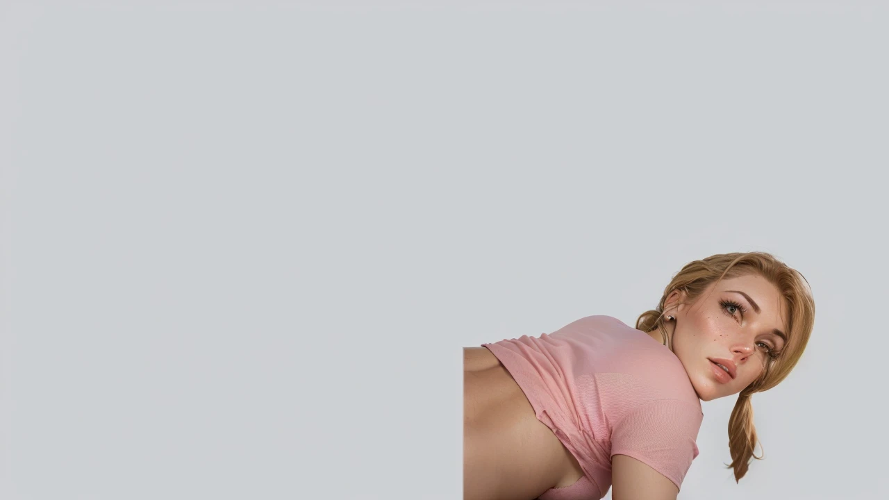 woman in pink t-shirt, commercial баннер, On the background, looks over his shoulder, medium shot, advertising image, panoramic view of a girl, on a gray background, ultra realistic, model posing, promotional image, digital enhanced, lying on your stomach, t-shirt