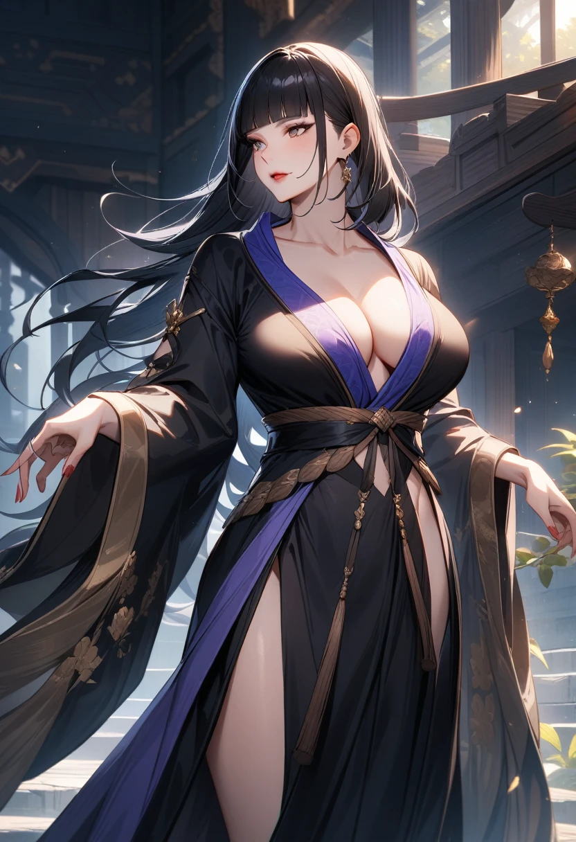 Mature women，Long black hair，Bangs，Sexy，Exposed Hanfu，Fantasy style，Extremely detailed，high resolution，