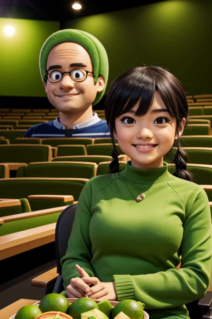 humanized avocado, animated and Kawai in a theater 